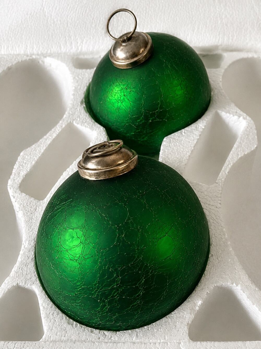 pair heavy crackle-glass ball vintage German Kugel-style mercury glass holiday